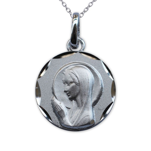 Médaille de baptême Vierge Marie en prière en argent massif