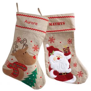 Chaussette de Noël en lin brodée