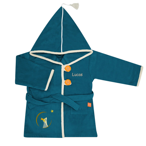 Peignoir enfant brodé prénom motif Laton Raveur Bleu Canard