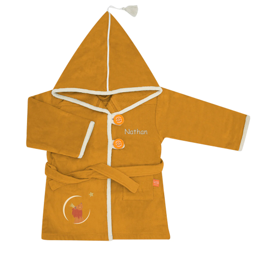 Peignoir enfant brodé prénom motif Lion Jaune Safran