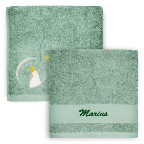 Serviette brodée l'oiseau bateau pingouin vert