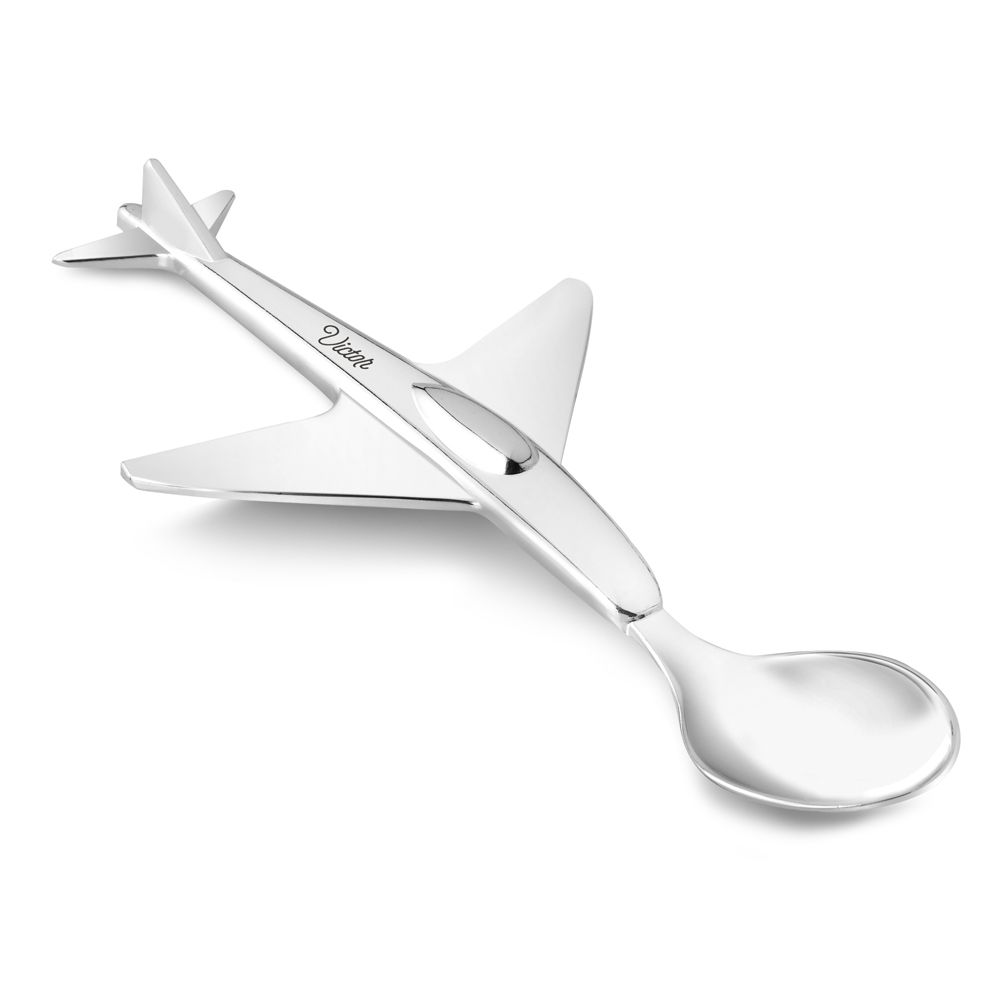 Une cuillère en forme d'avion personnalisée avec le prénom du bébé